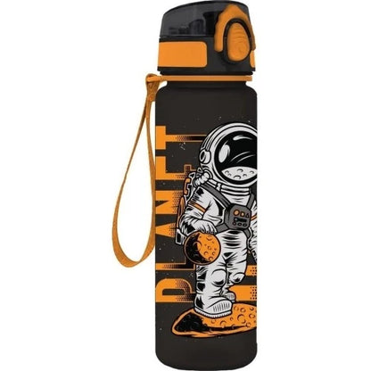 650ml plastic water canteen, black and orange with astronaut graphic and wrist strap