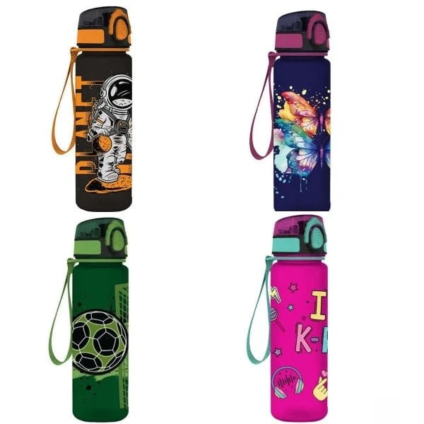 Assorted 650ml plastic water canteens, multiple colors with character designs