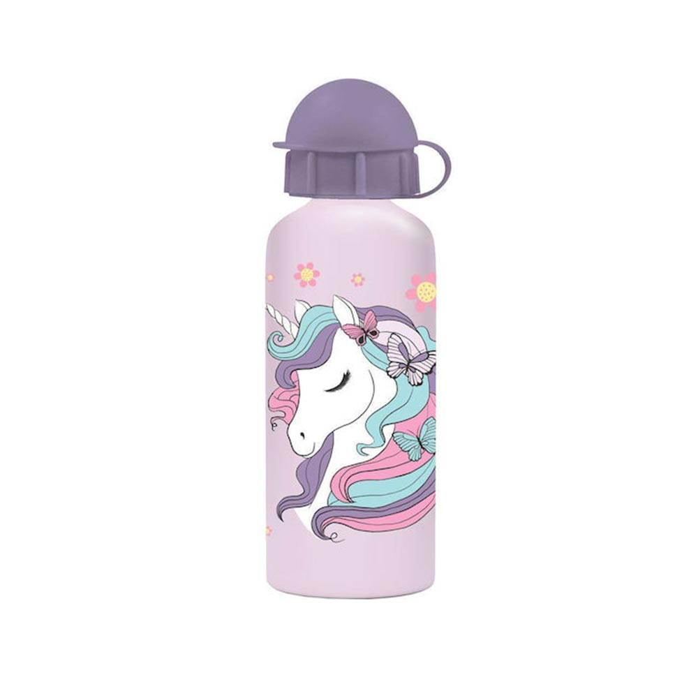 Aluminium kids water bottle, pink with unicorn print, flip-top lid, 500ml