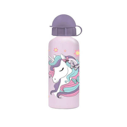 Aluminium kids water bottle, pink with unicorn print, flip-top lid, 500ml