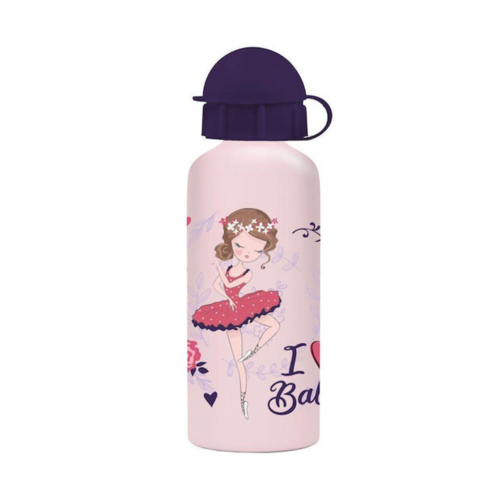 Aluminium kids water bottle, pink with ballerina print, flip-top lid, 500ml