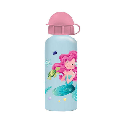 Aluminium kids water bottle, light blue with mermaid print, flip-top lid, 500ml