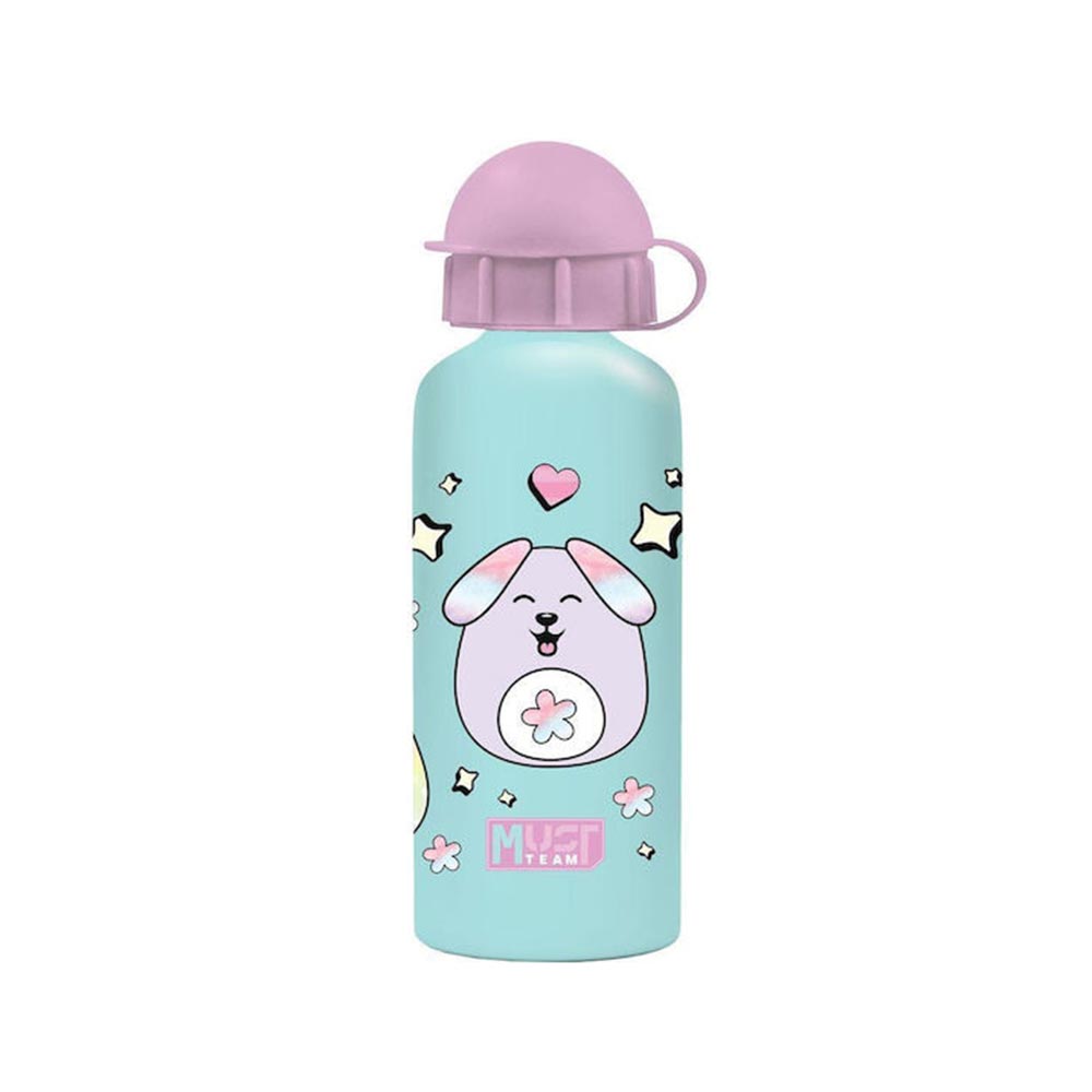 Aluminium kids water bottle, aqua with puppy heart print, flip-top lid, 500ml