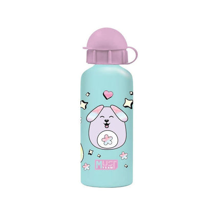 Aluminium kids water bottle, aqua with puppy heart print, flip-top lid, 500ml