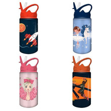 Kids aluminium water bottle with straw, 500 ml, assorted space-themed designs and flip lid.
