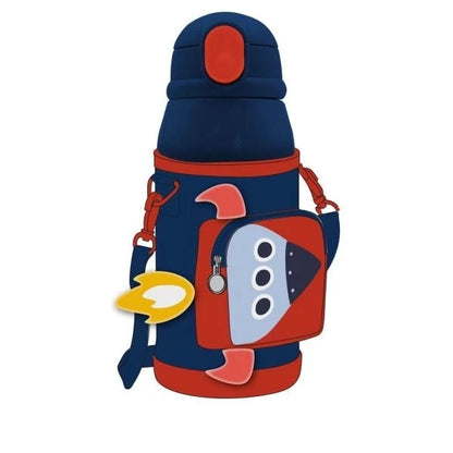Space-themed stainless steel canteen with straw lid and carry handle, blue and red design