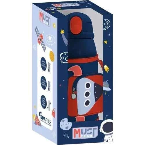 Robot-themed 500ml stainless canteen with straw in blue retail box