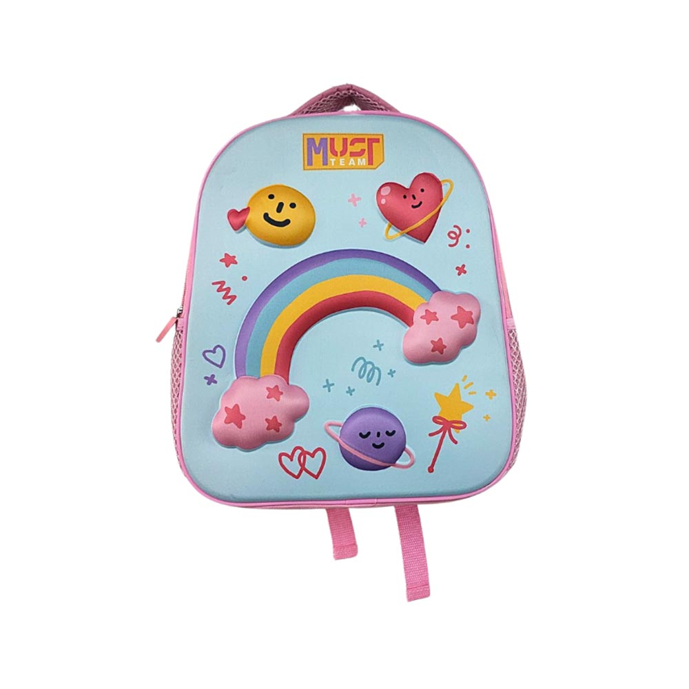 Preschool backpack with Must Team logo, rainbow and cloud charms light blue/pink