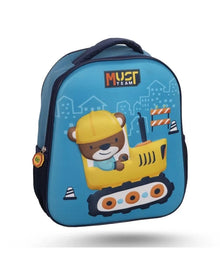 Kids construction-themed backpack, blue with robot bear and tool graphic, front view