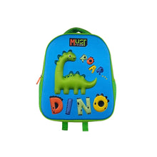 Dinosaur 3D graphic backpack, blue with green top handle and front zipper pocket