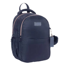 15-inch dark backpack with front zip pocket and keychain pom