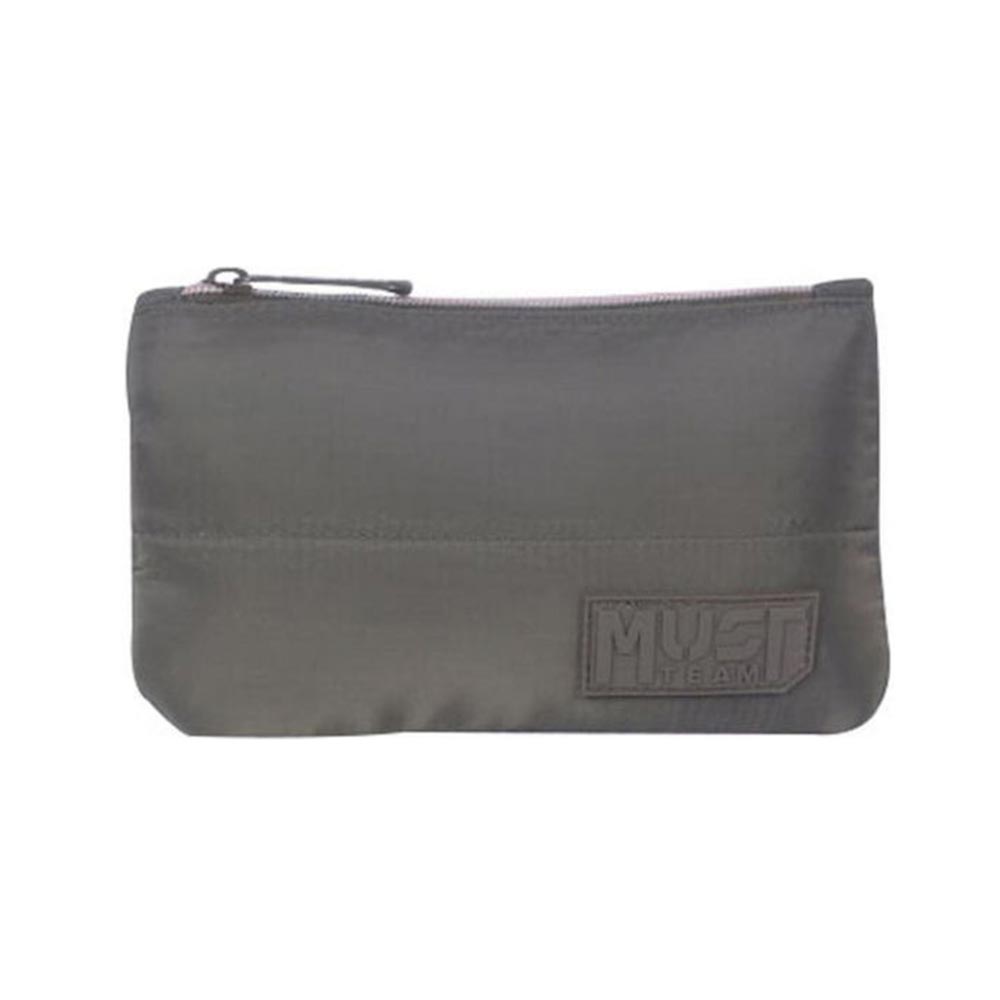 Dark gray zip pencil pouch with Must logo patch on front