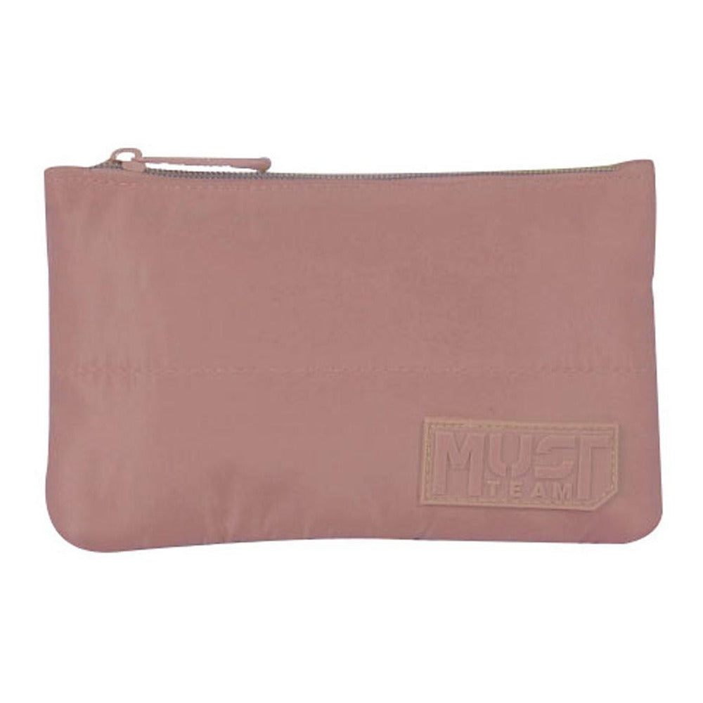 Zippered pencil pouch with embossed MUST TEAM logo, rose pink