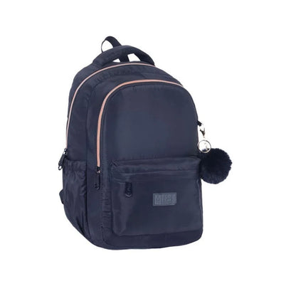 Dark backpack with rounded front, zip pocket, padded straps, fuzzy keychain