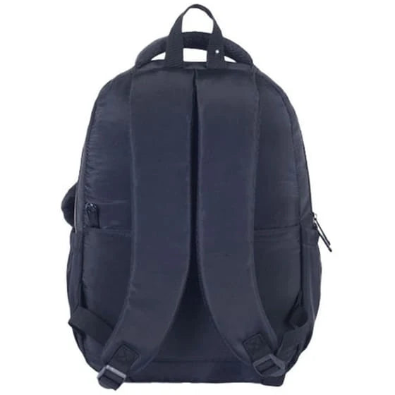 Dark backpack with adjustable back straps, top handle, side zips and front pocket