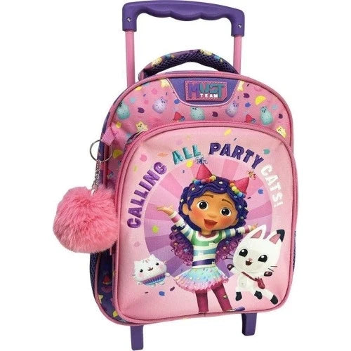 Pink 12.5-inch trolley backpack with handle, character print, and pom-pom charm