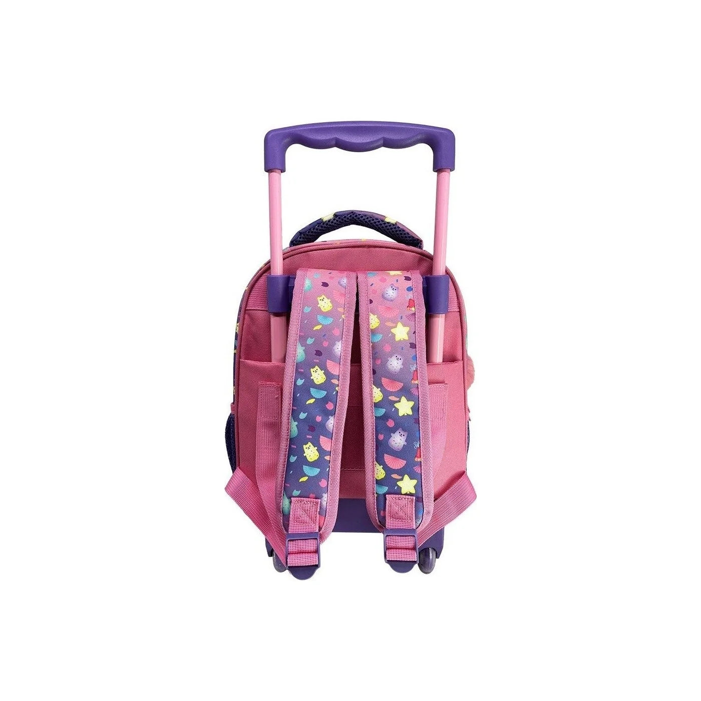 Pink 12.5-inch trolley backpack with purple handle and star-pattern straps