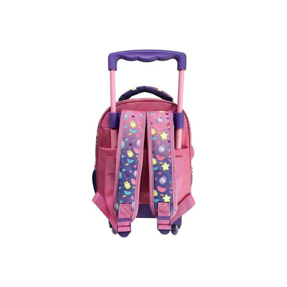 Pink 12.5-inch trolley backpack with purple handle and star-pattern straps