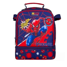 Spider-Man themed lunch bag with red, blue, and web graphics, zip top and carry handle