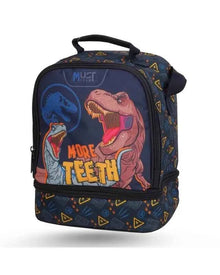 Kids lunch bag in dark navy with dinosaur graphic and “More Teeth” front panel.