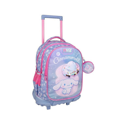 Kids trolley bag with Cinnamoroll print, pink trim, wheeled base, front zipper pocket