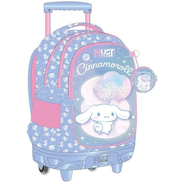 Kids wheeled trolley bag with Cinnamoroll graphic, blue pattern, pink straps, round side pouch