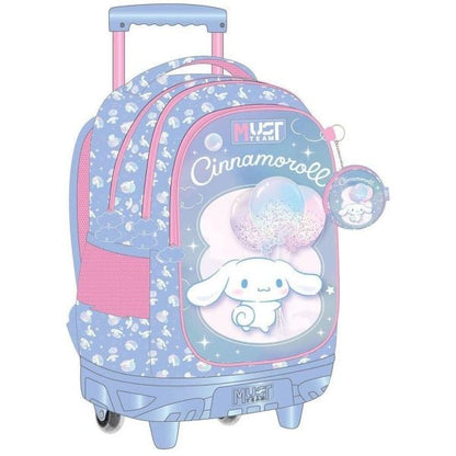 Kids wheeled trolley bag with Cinnamoroll graphic, blue pattern, pink straps, round side pouch