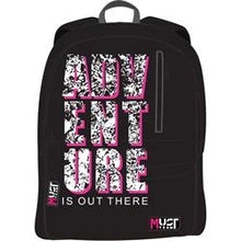 Black backpack with colorful 'GET OUT THERE' text graphic on front panel