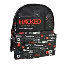 Black backpack with 'HACKED' graphic and icon patches