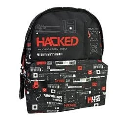 Black backpack with 'HACKED' graphic and icon patches