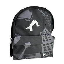 Black backpack with gray geometric print, front pocket, and adjustable shoulder straps