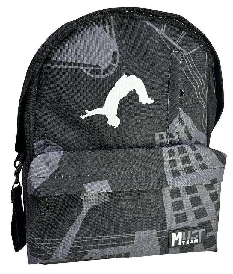 Black backpack with gray graphic, front pocket, zip closure, Must Team logo