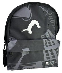 Black backpack with gray graphic, front pocket, zip closure, Must Team logo
