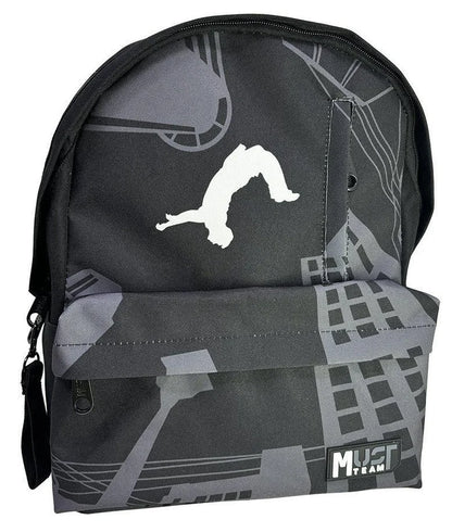 Black backpack with gray graphic, front pocket, zip closure, Must Team logo