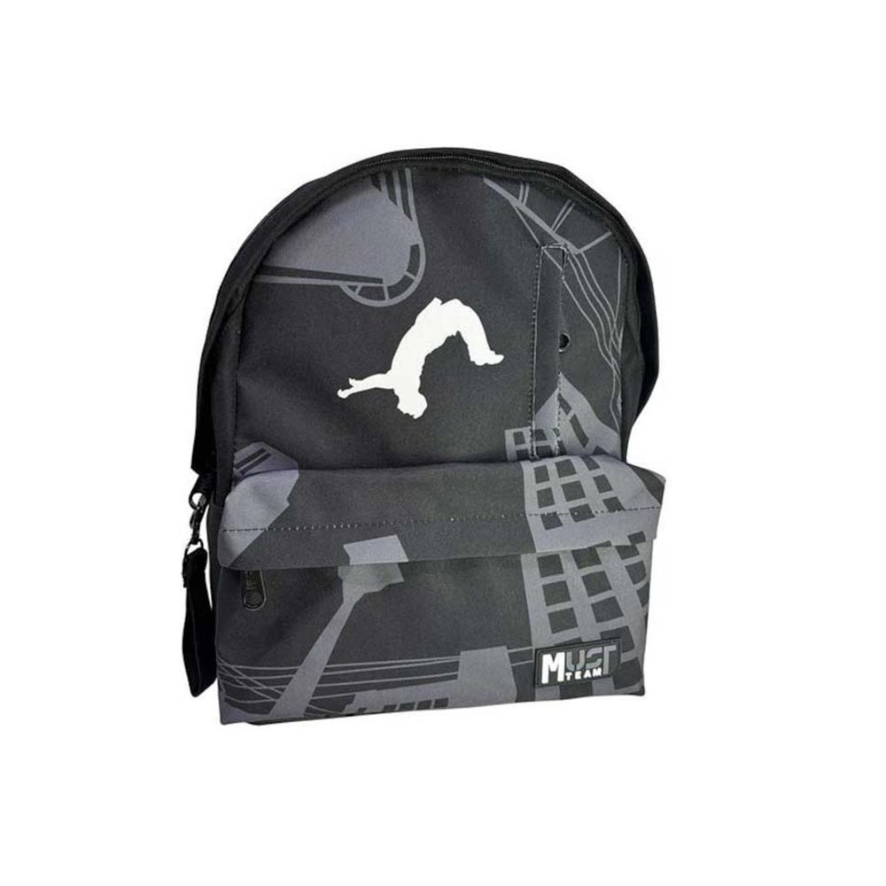 Black backpack with gray graphic, white runner silhouette, front pocket, zip closure