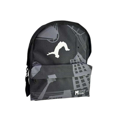 Black backpack with gray graphic, white runner silhouette, front pocket, zip closure