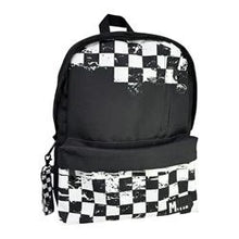 Black backpack with checkerboard front pocket and top handle, one main compartment