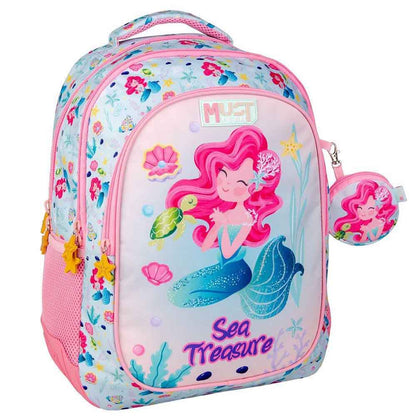 Kids' sea treasure backpack in light blue with pink mermaid front graphic and zipper pocket