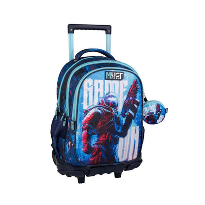 Kids robot-themed trolley bag with telescopic handle, zip front and side pocket, dark blue