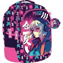 Anime backpack, dark purple with pink accents, front zip pocket and round side pouch