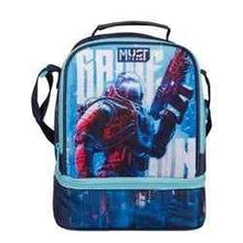 Two-compartment insulated lunch bag with robot graphic, zip top and carry strap