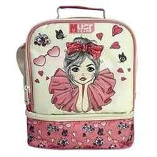 Insulated two-compartment lunch bag with girl graphic, hearts, and pink bow details