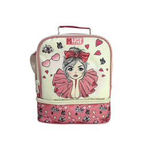 Insulated lunch bag with zipper, top handle, pink-and-cream girl graphic