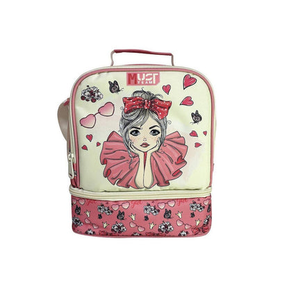 Insulated lunch bag with zipper, top handle, pink-and-cream girl graphic
