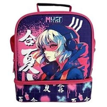 Insulated lunch bag with two compartments, anime character graphic, top carry handle