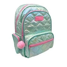 Mint quilted backpack with pink zip front pocket and pom keychain