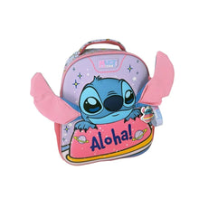 Kids 12.5" backpack with Stitch graphic, pink ears, front pocket, Aloha! print