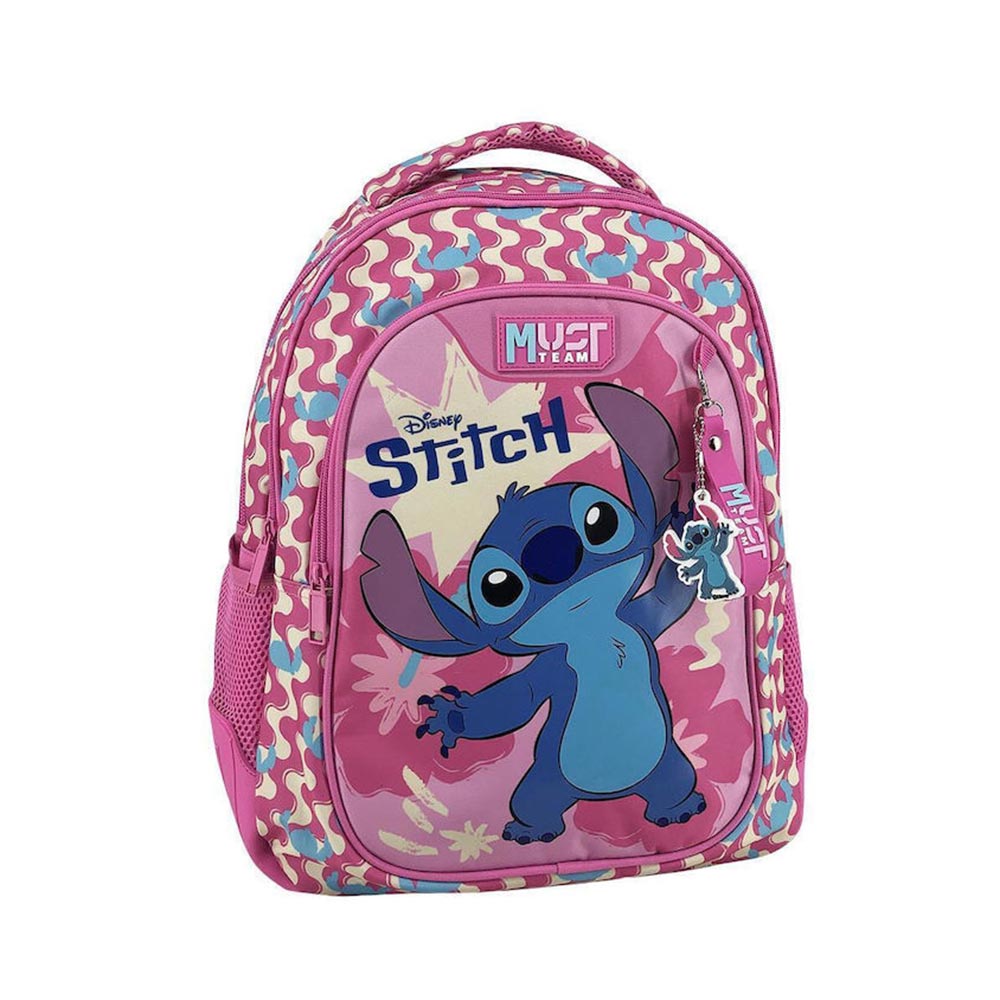 Pink camo backpack with Stitch front graphic, top handle, and mesh side panels