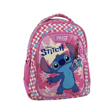 Pink camo backpack with Stitch front graphic, top handle, and mesh side panels