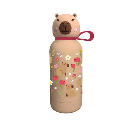 Beige stainless steel thermos flask with capybara cap and floral print, carry loop